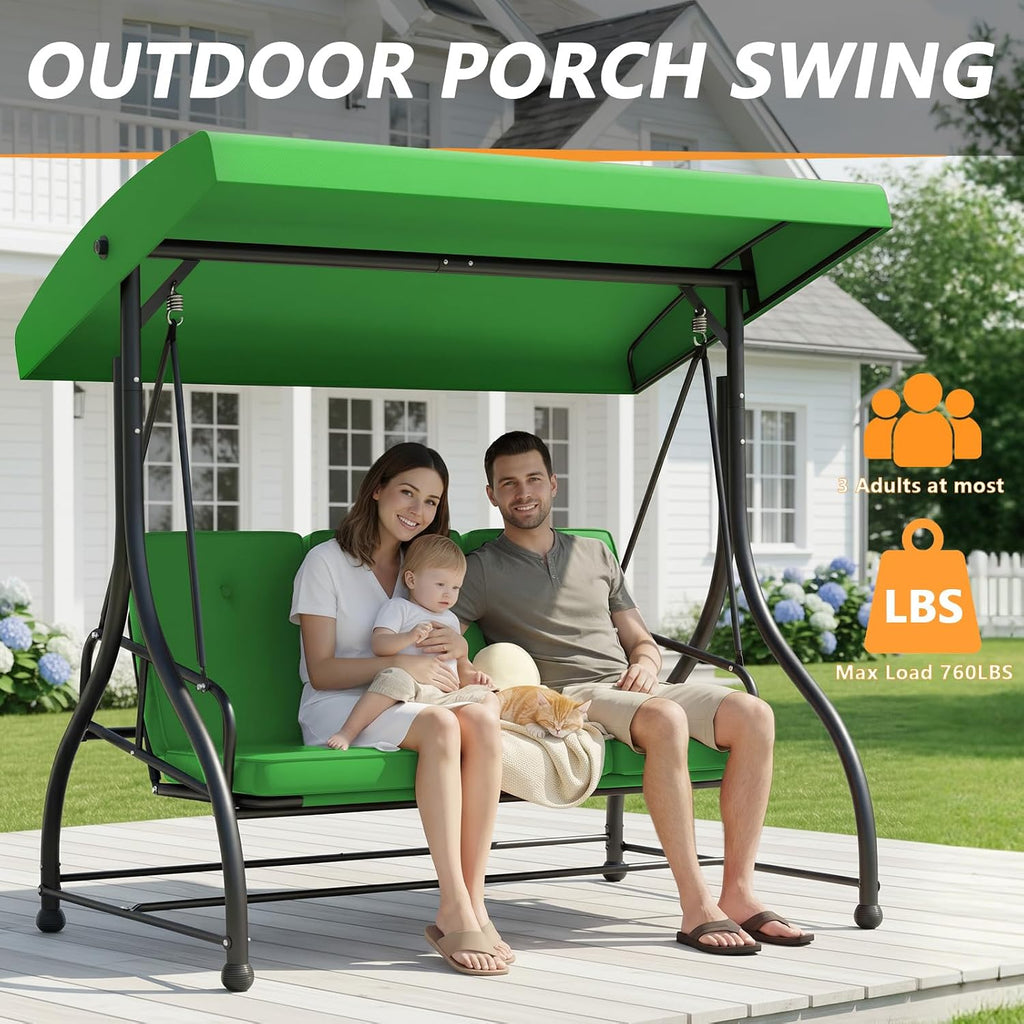 3-Seat Porch Swing with Adjustable Canopy w/Stand, Patio Glider Swings with Removable Cushions, 3 Person Large