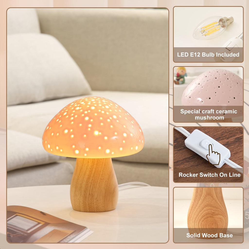 Mushroom Lamp Ceramic Bedside Table Lamp, Pink