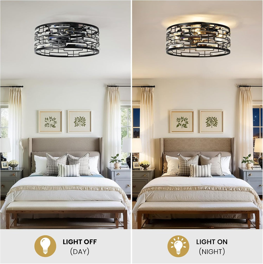 Crystal Caged Ceiling Fan with Light, 18.9'' Flush Mount Low Profile Fandelier, Black Industrial Farmhouse