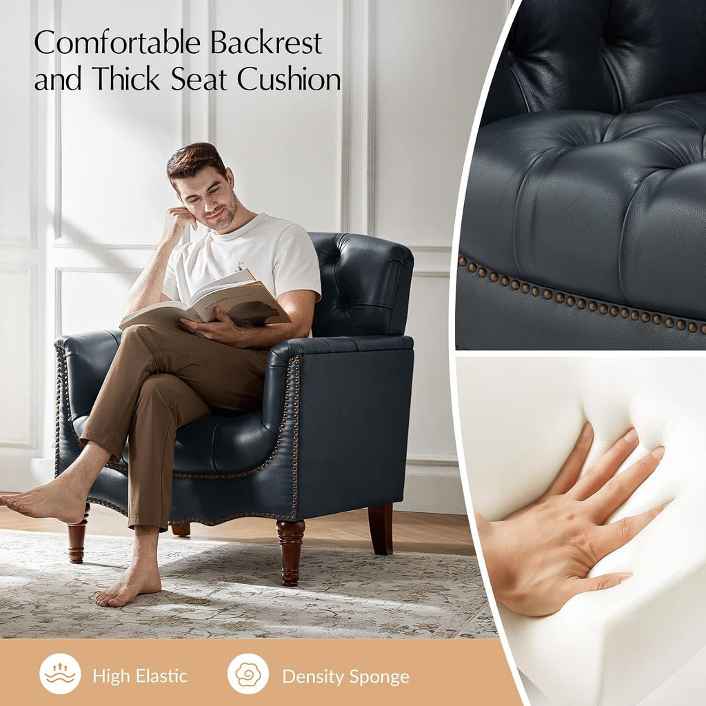 Mid Century Modern Genuine Leather Accent Chair, Navy