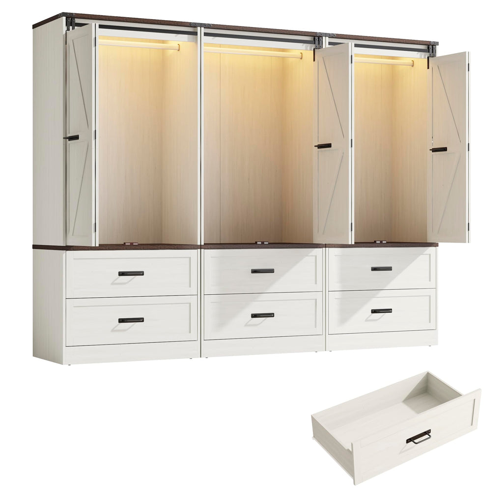 Farmhouse Wardrobe Armoire Closet with 6 Doors and 6 Drawers, Antique White