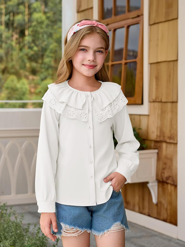 Girls Eyelet Ruffle Collar Blouse Kids Long Sleeve Button Down Shirt Cute Uniform Tops