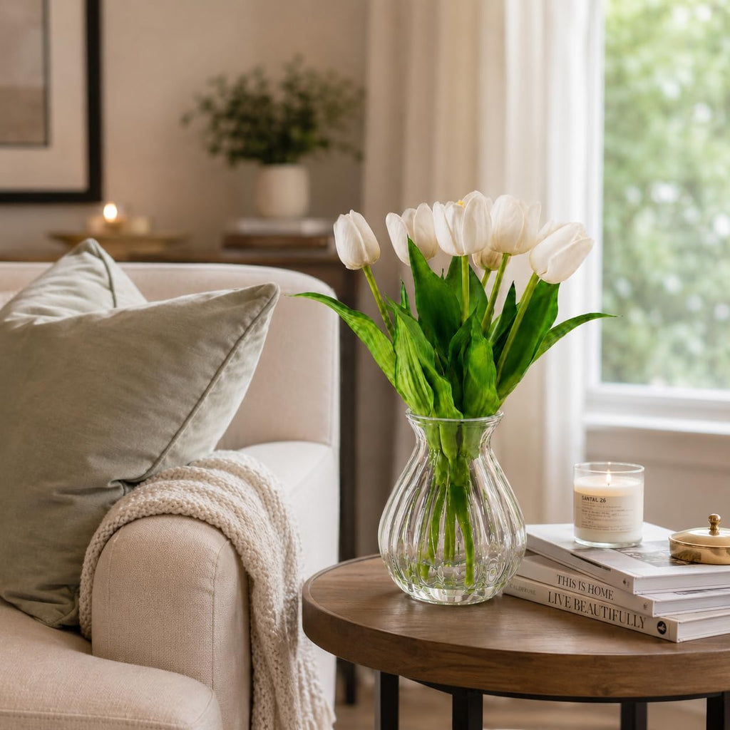Artificial Tulips with Ribbed Glass Vase, White