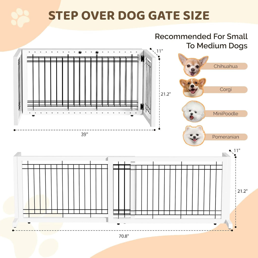 Free Standing Dog Gate, 39" - 68" Wide Pet Gate for Fireplace Stairs Doorways, Wooden Adjustable Pet Fence Indoor