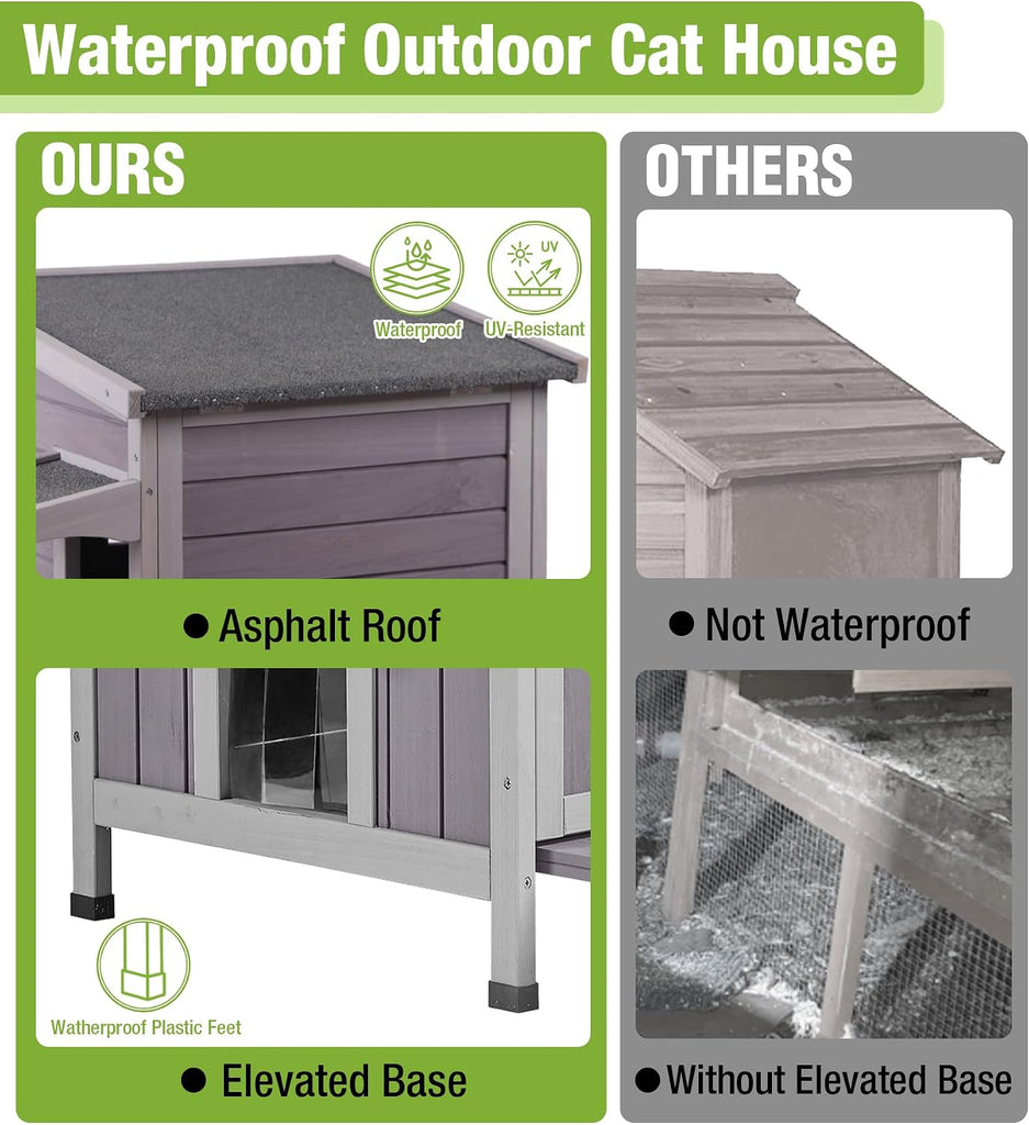 2 Story Wooden Outdoor Cat House Weatherproof with Escape Doors, Openable Roof, Feral Cat Shelter with Elevated Base