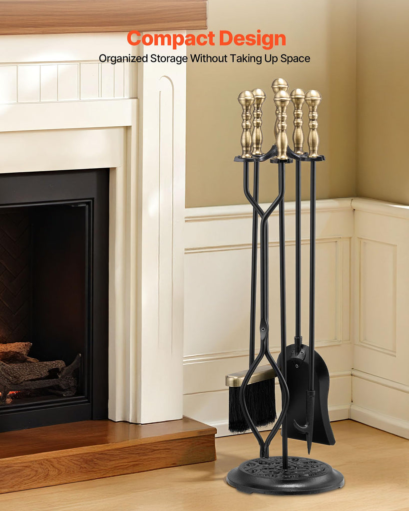 Fireplace Tool Set, 5 PCS Fire Tool Set and Holder with Five-Prong Stand, Tongs, Ash Shovel, Brush, Fire Place Poker