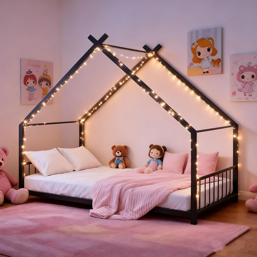 Metal Toddler Floor Bed with Slats & Fence, Black