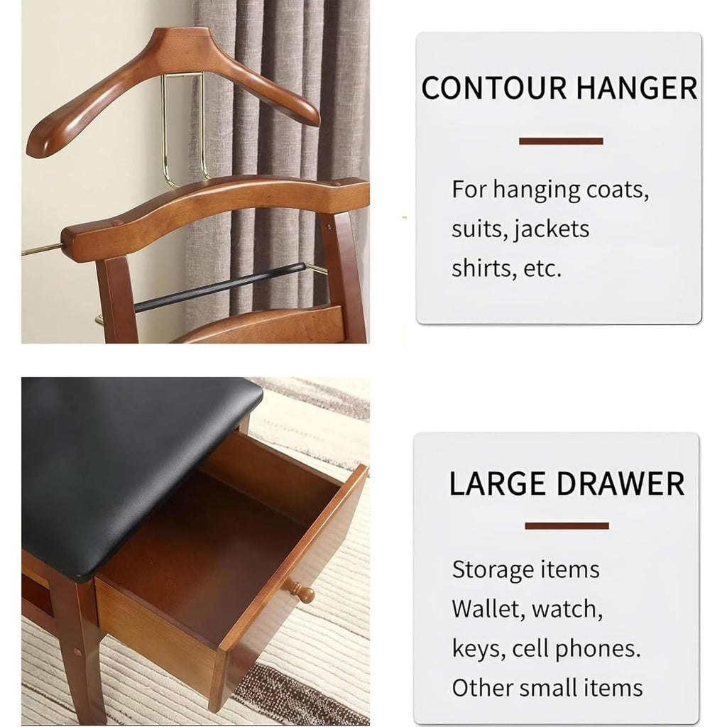 Brown Valet Stand with Drawer & Office Chair Hanger, Men's Organizer for Clothes, Watches, Keys & Accessories