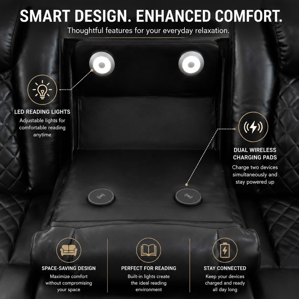 Breathing Leather Power Reclining Sofa Set, Sectional Couch with LED Light