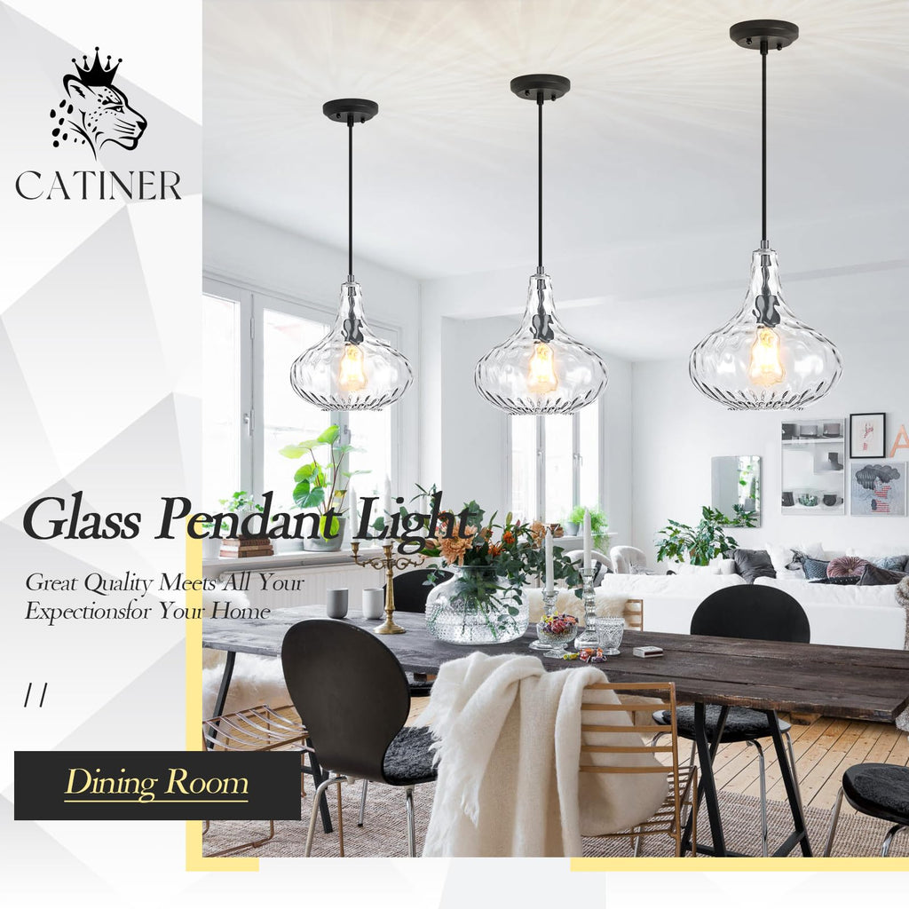 11" Clear Hammered Glass Pendant Light, Black Kitchen Island Light