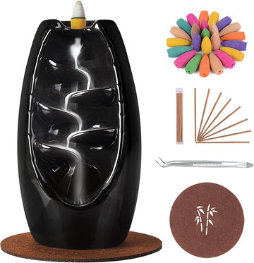 Ceramic Backflow Incense Holder Waterfall Incense Burner, Black - Set of 152