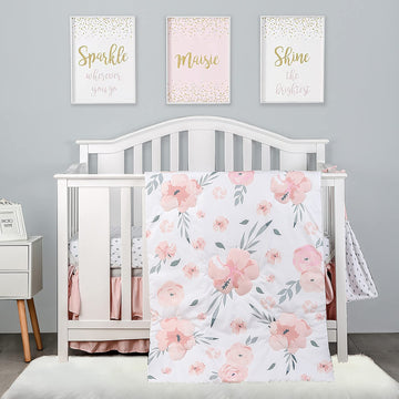 4-Piece Crib Bedding Set for Boy Girls, Includes Crib Skirt, Blanket, Crib Sheet & Diaper Bag, Baby Girl Crib Bedding
