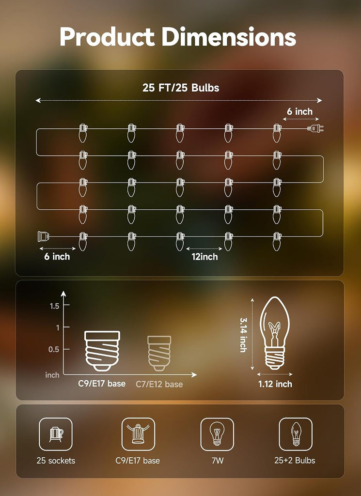 C9 Clear Christmas String Lights, 25FT 25 Bulbs, Green Wire