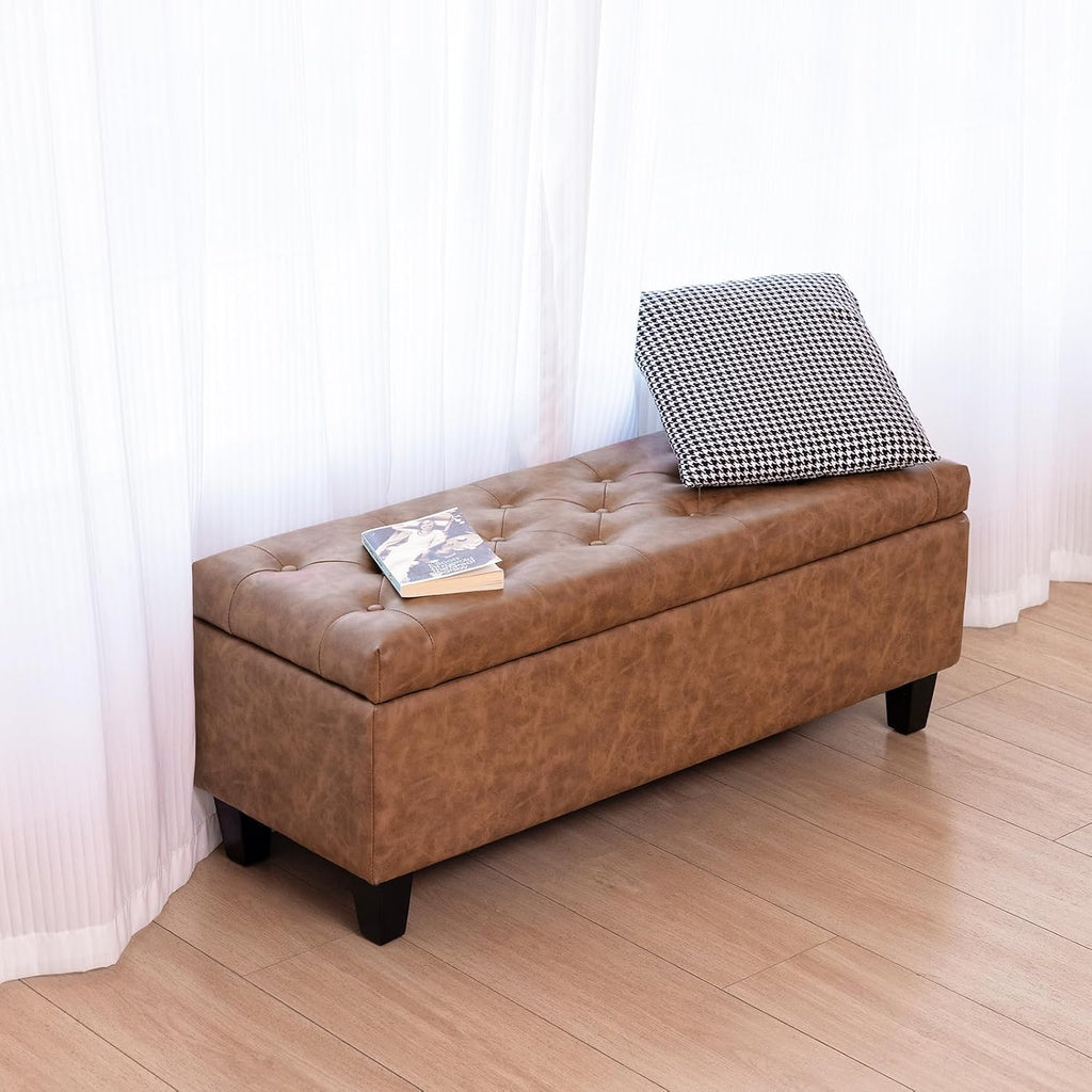 42" Faux Leather Storage Ottoman Bench, End of Bed Storage Bench | Faux Leather, Solid Wood Leg, Safety Hinge, Modern