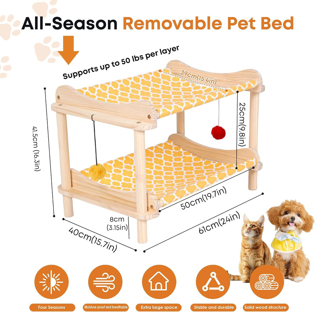 2-Layer Cat Hammock Bed, 24"x15.7"x16.3" Elevated Cat Bed with Pine Wood Frame, Breathable Washable Covers, Wooden