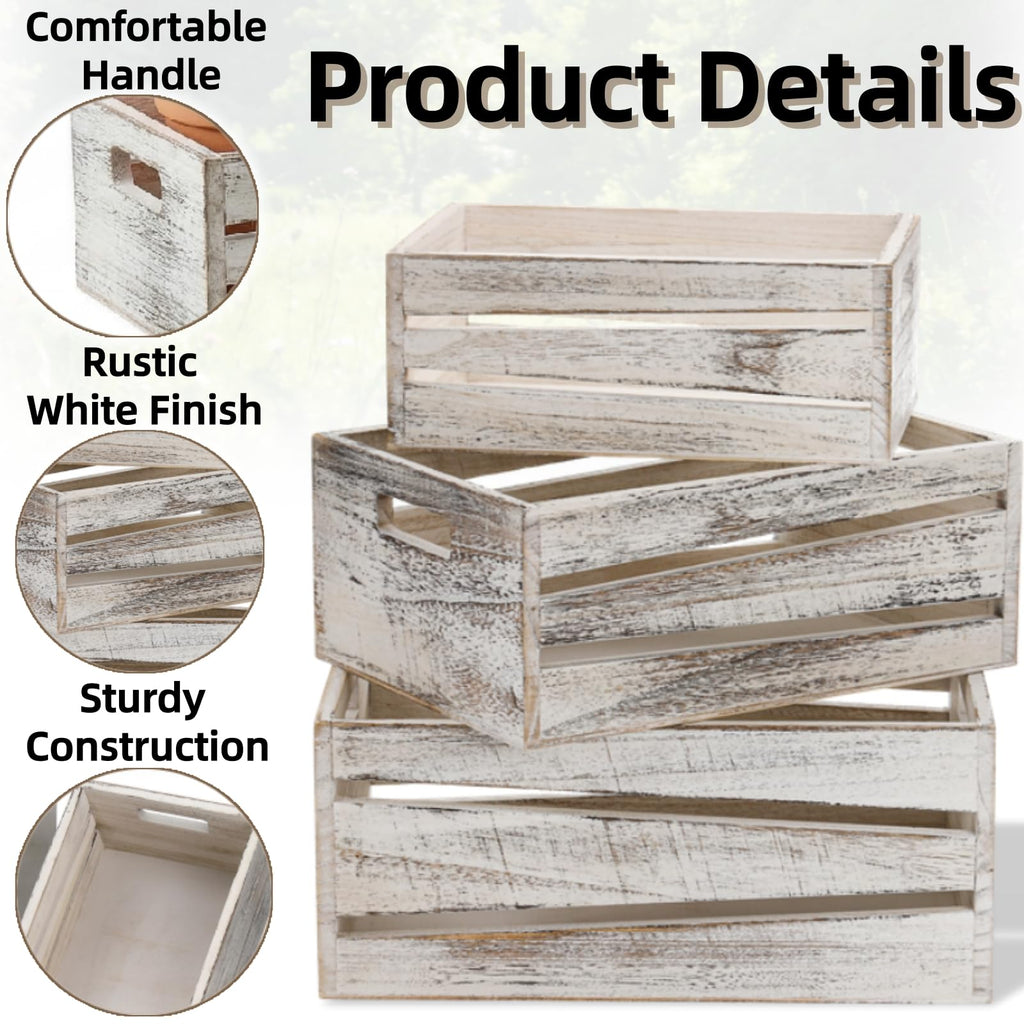 3 Pack Wooden Storage Crates, Rustic Nesting Container Bin with Handles, Decorative Farmhouse Wood Basket, Vintage