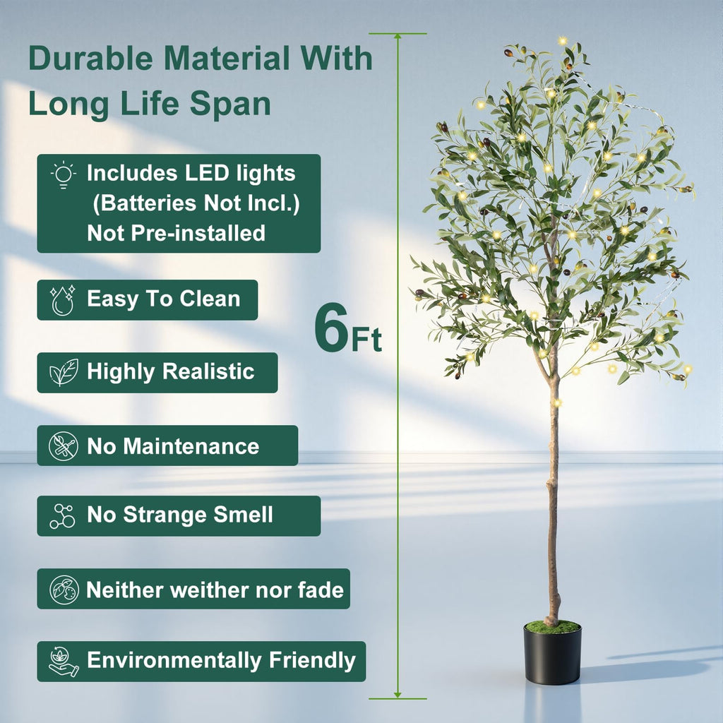 Olive Tree, 6FT Tall Faux Olive Tree with Lights Moss and Planter, Olive Trees Artificial Indoor with Realistic Wood