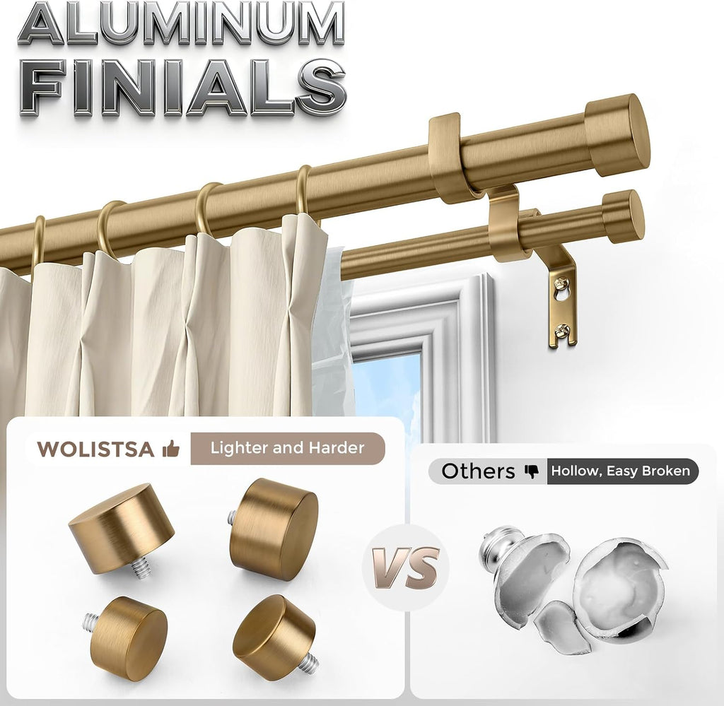 Warm Gold Double Curtain Rod, Brass Extra Long Dual Curtain Rods for Windows, 1 Inch Adjustable Heavy