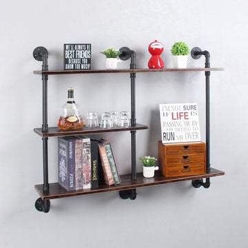 Industrial Pipe Shelving Wall Mounted, 3 Tier Wall Shelf Unit Bookshelf Hanging Wall Shelves, 43in Rustic Metal