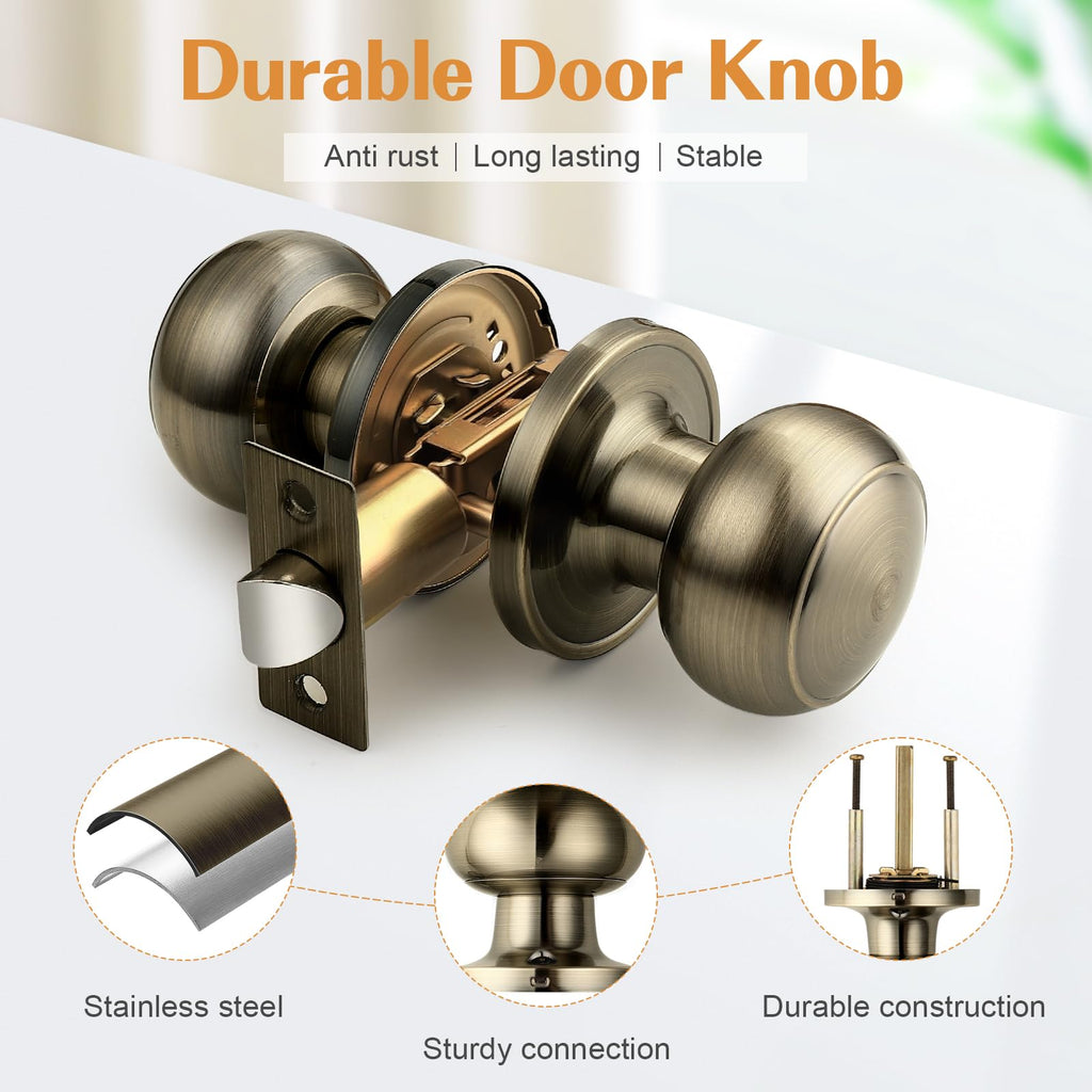 Interior Door Knob , Antique Brass Door Knobs Closet Door Knob, Passage Door Knobs with Round Ball Knob, 10 Pack