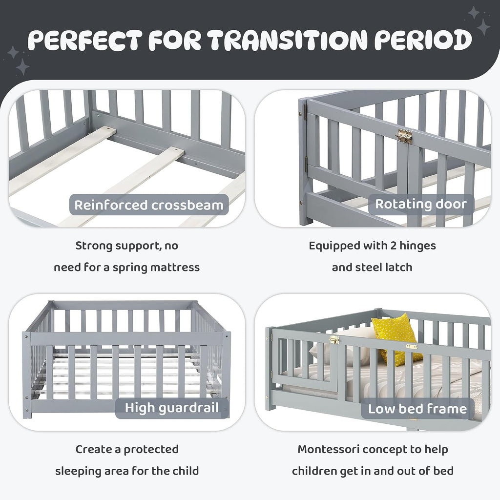 Floor Bed Frame with Fence & Slats, Rubber Wood Montessori Floor Bed with Safety Guardrails &