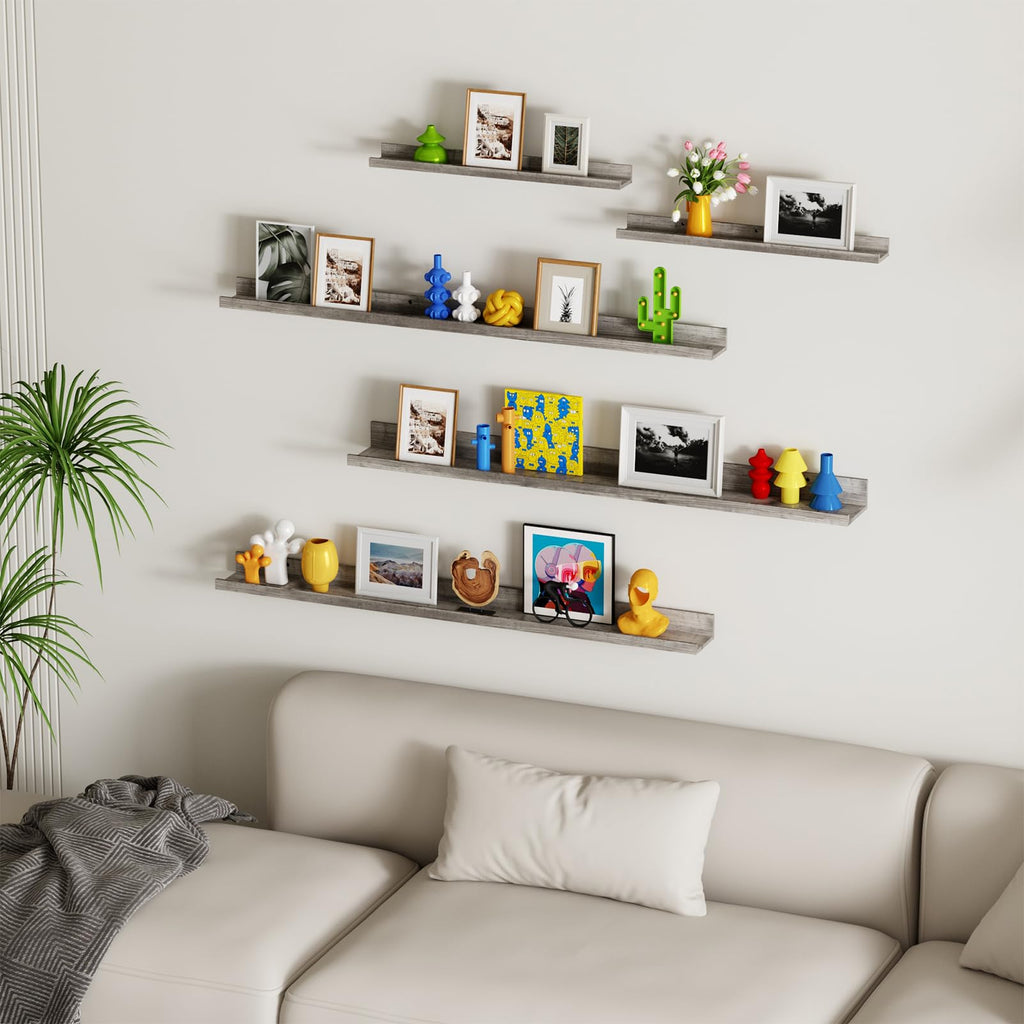 Rustic Grey Floating Shelves for Wall 24 Inch Long, Set of 5 Tiered-Depth Wall Shelves, Picture Ledge Shelf