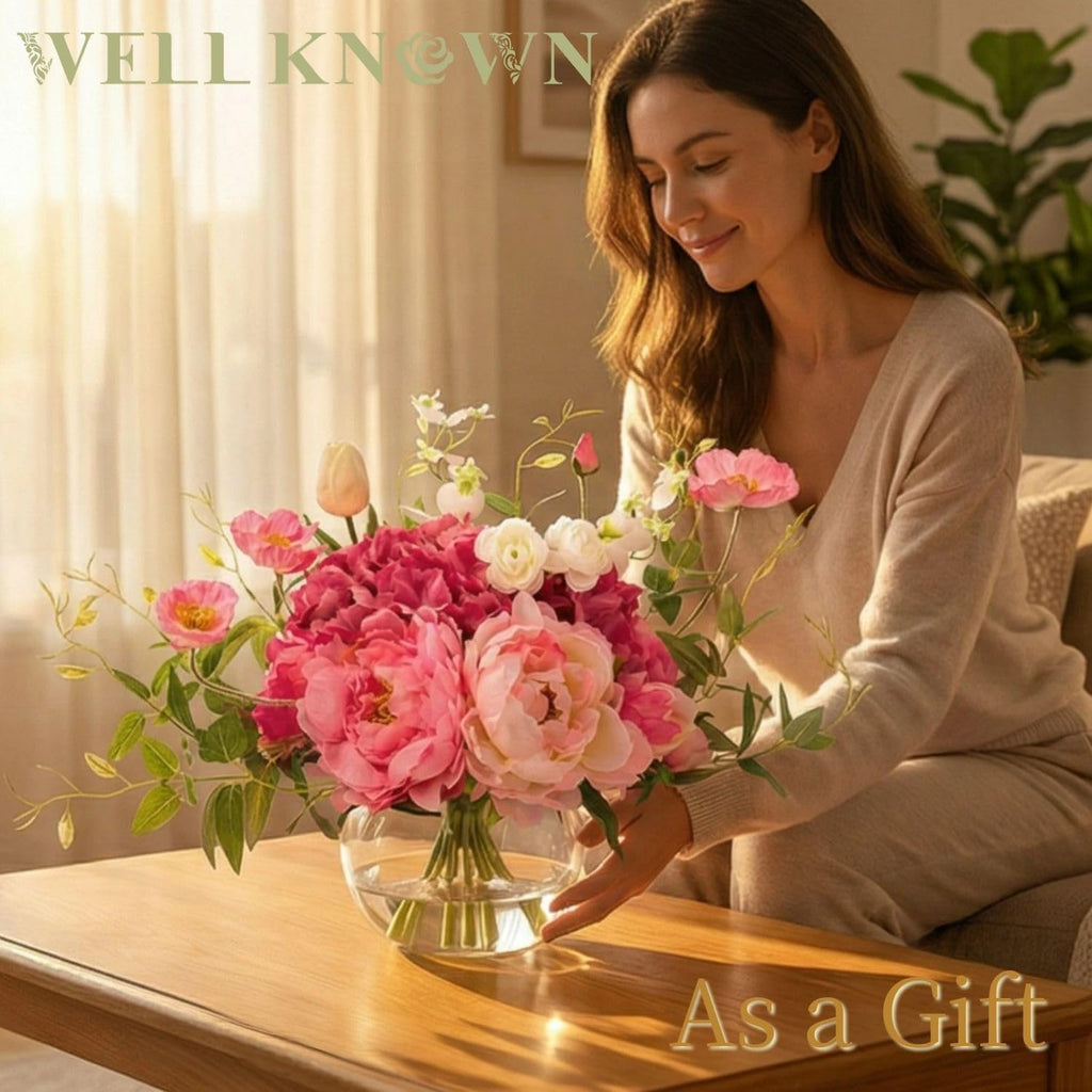 Artificial Flowers in Vase, Silk Hydrangea Bouquet and Peonies Artificial Flowers Table Centerpieces with Faux Water