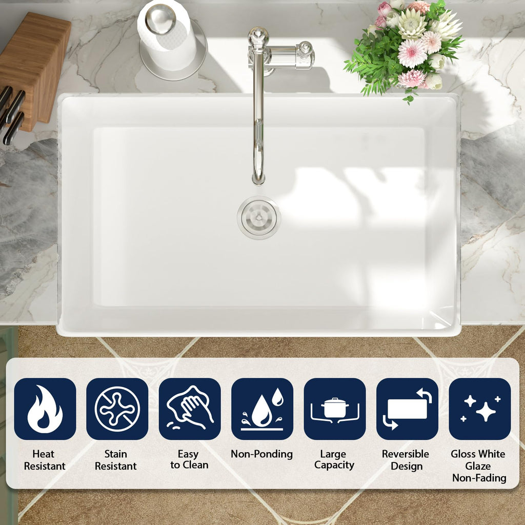 White Fireclay Farmhouse Sink 33x20x9 Inch Ceramic Apron Front Farm Sinks with Bottom Grid & Drain
