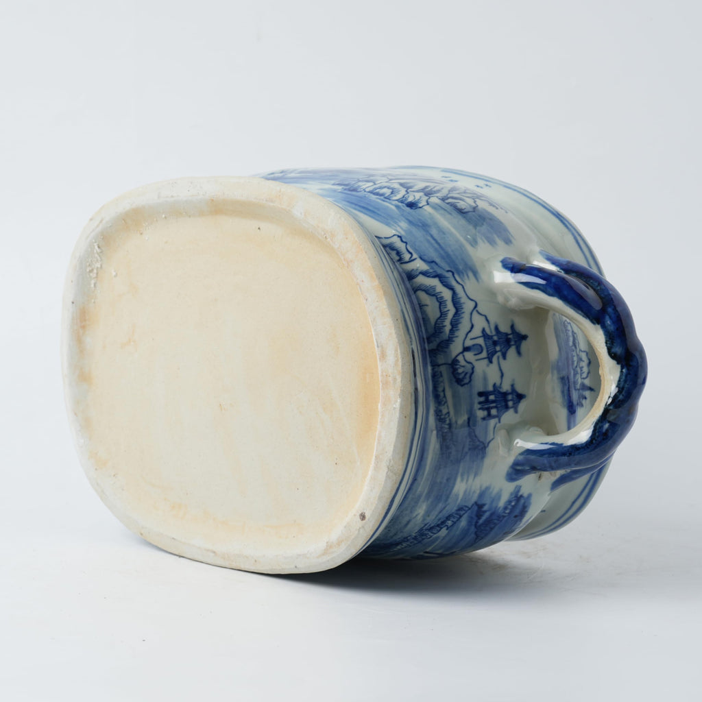 Vintage Blue and White Flower & Birds Porcelain Footbath Planter Chinoiserie Scenery Motif Ceramic Flower Pot (Blue2)