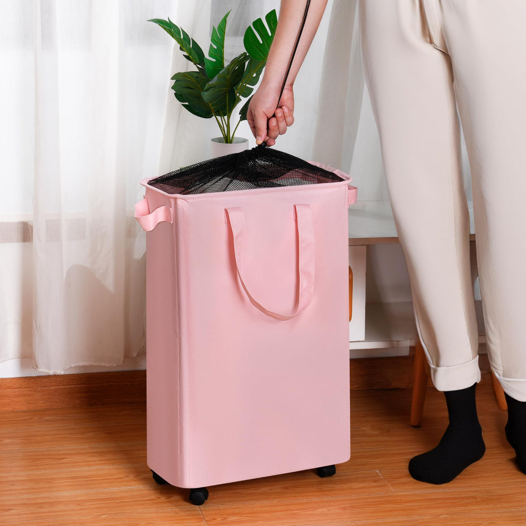 Slim Laundry Hamper with Wheels, Rolling Laundry Basket for Clothes, Small Laundry Basket and Laundry Room, 60L Beige