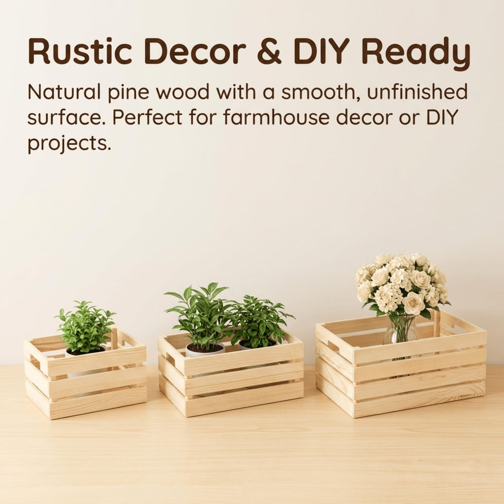 Set of 3 Small to Medium Rustic Wooden Nesting Crates with Handles, Decorative Tabletop Wooden Storage Box Counter