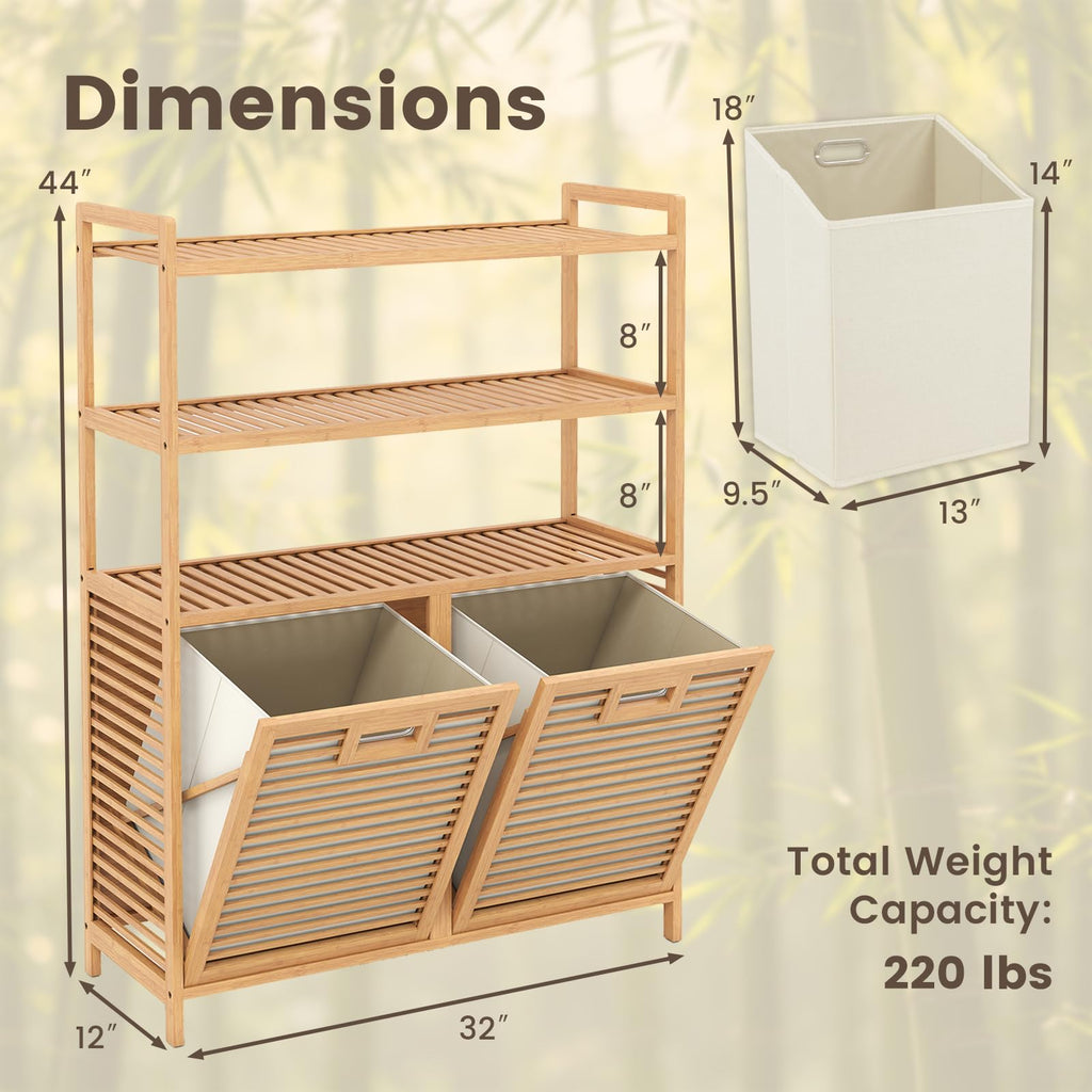 Bamboo Double Tilt Out Laundry Hamper Cabinet with Shelves