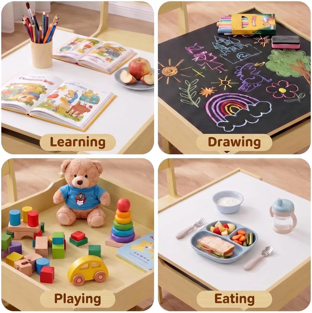 Kids Table & 2 Chairs Set, 4 in 1 Wooden Activity Table w/Storage