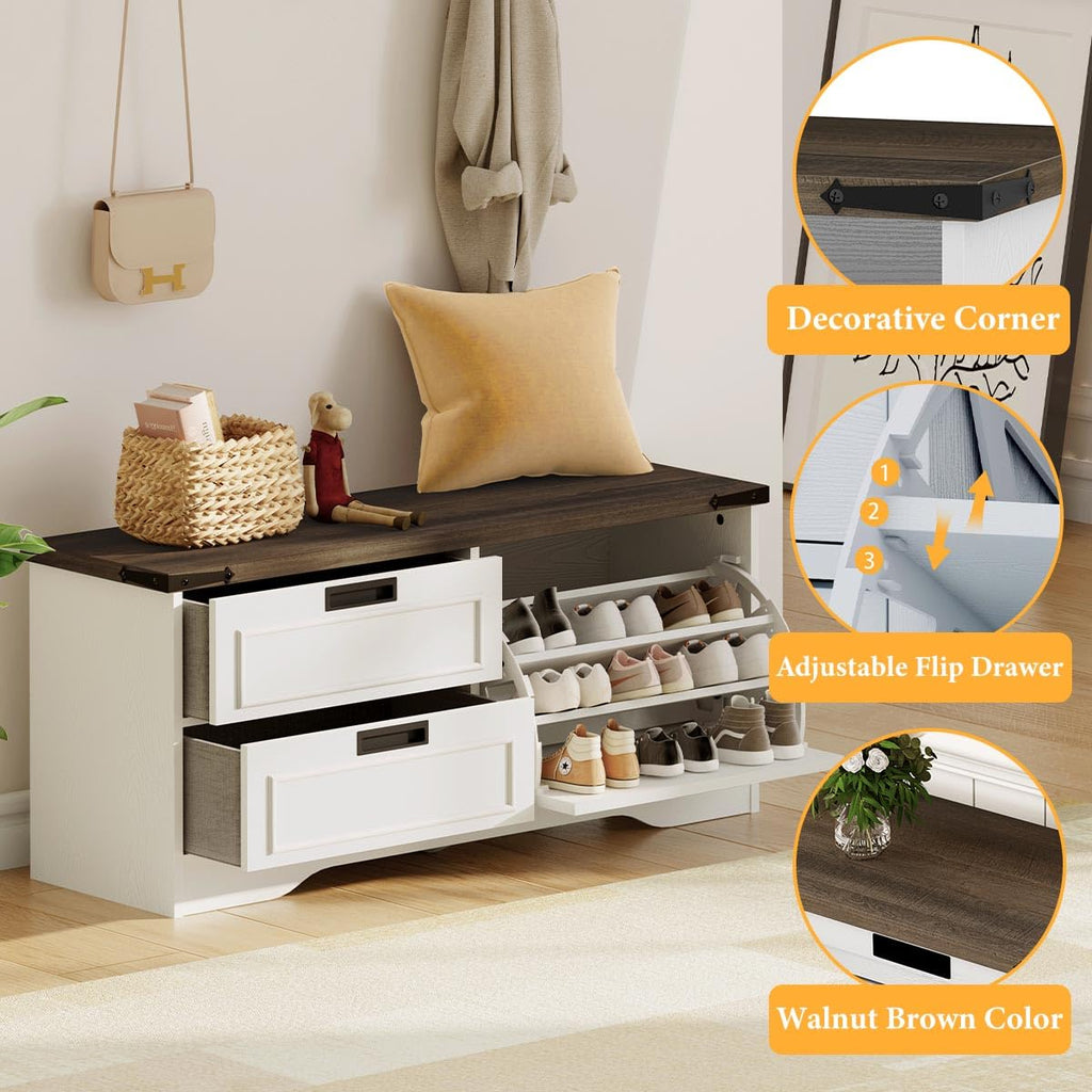 Shoe Storage Bench with Flip Drawer, Wooden Entryway Bench, Modern Shoe Cabinet with Removable Drawers (Walnut Brown
