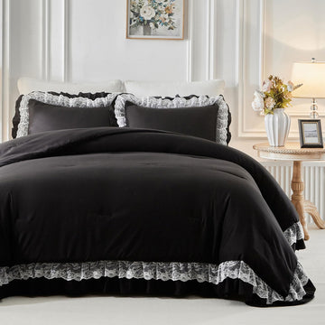 Queen Size Comforter Set Black, 3pcs Lace Ruffled Bedding Comforter Set, Microfiber Vintage Gothic Boho Chic Bedding