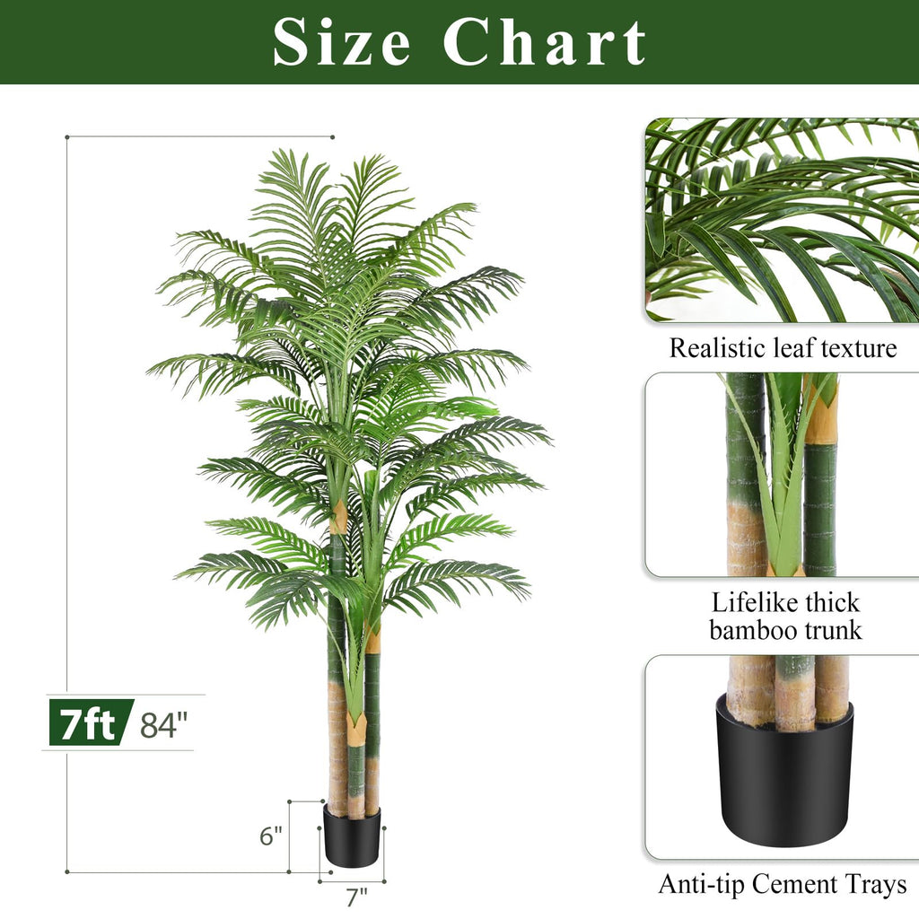 7FT Artificial Palm Tree - Tropical Faux Golden Cane Palm Tree UV Resistant Tall Fake Plant Indoor with Black Pot