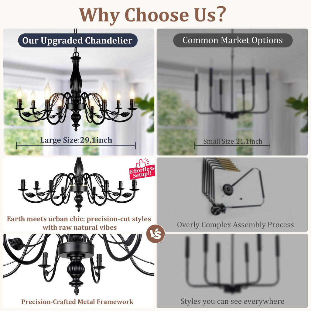 Large Black Farmhouse Chandelier, 29" 8-Light Light Fixture