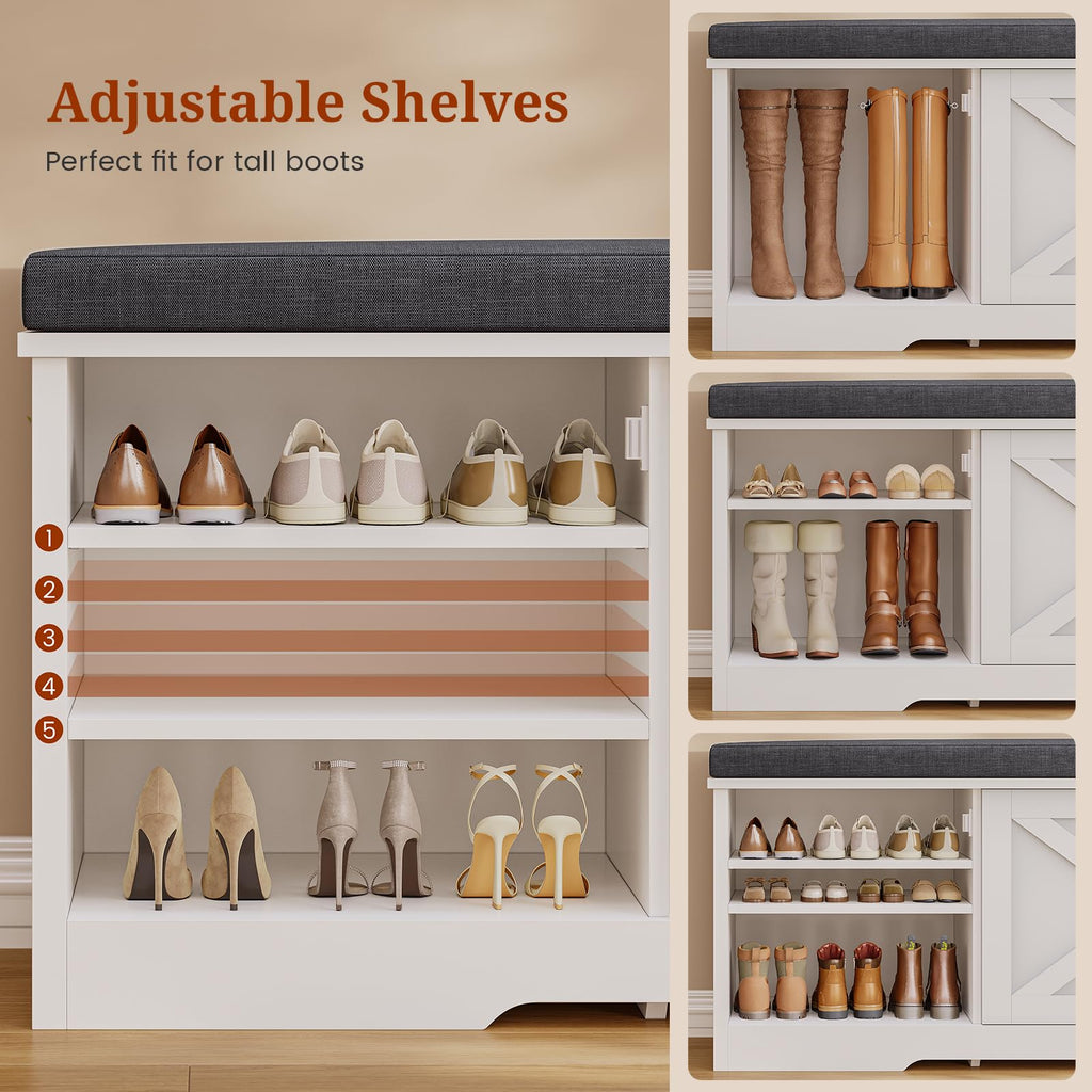 Farmhouse Storage Bench with Flip Drawers & Padded Seat Cushion, Half Hidden Shoe Rack Organizer, Adjustable Shelf