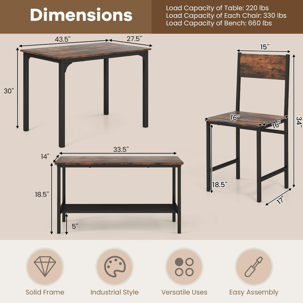 Small Dining Table Set for 4 with Bench, Industrial Kitchen Table and Chairs, Rustic Brown Wood & Black Metal 4-Piece