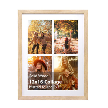 12x16 Collage Picture Frame, Natural Solid Wood Frame with Acrylic Plexiglass for 11x14 Photos or Four 5x7 Photos