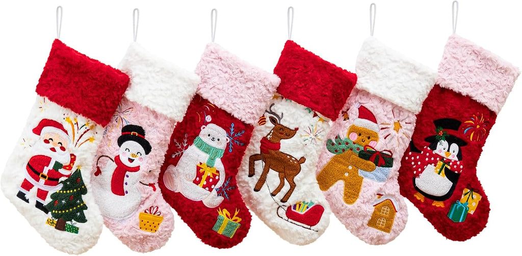 Christmas Stockings 6 Pack,Plush Faux Fur Xmas Stockings with Embroidery Patterns,Fireplace Hanging Stockings