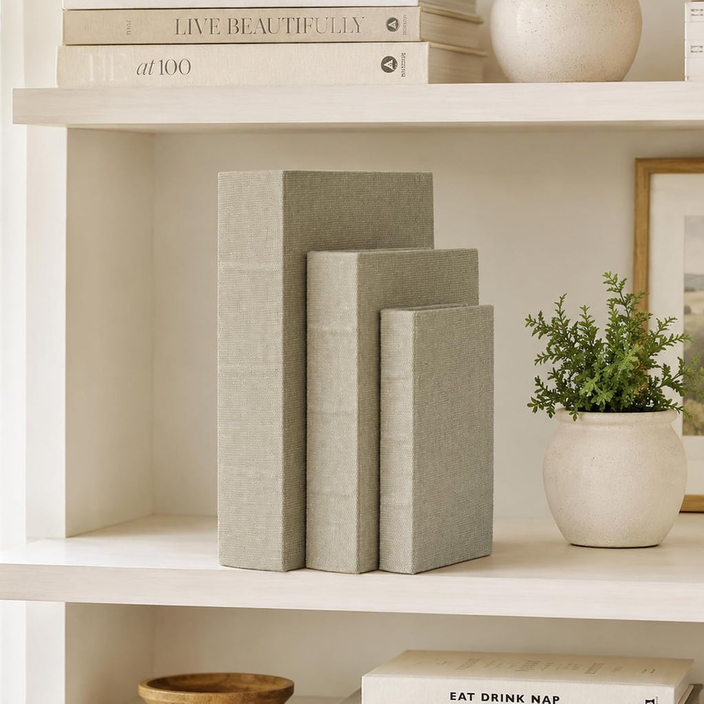 Decorative Book Boxes Set of 3 - Modern Faux Linen & Wood Hidden Storage for Coffee Table - Stackable Fake Books for