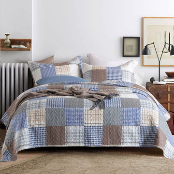Comforter Set- 100% Cotton Quilt Set, Bule, Plaid bedspreads (96 * 108 Inch) with 2 Pillow Shams
