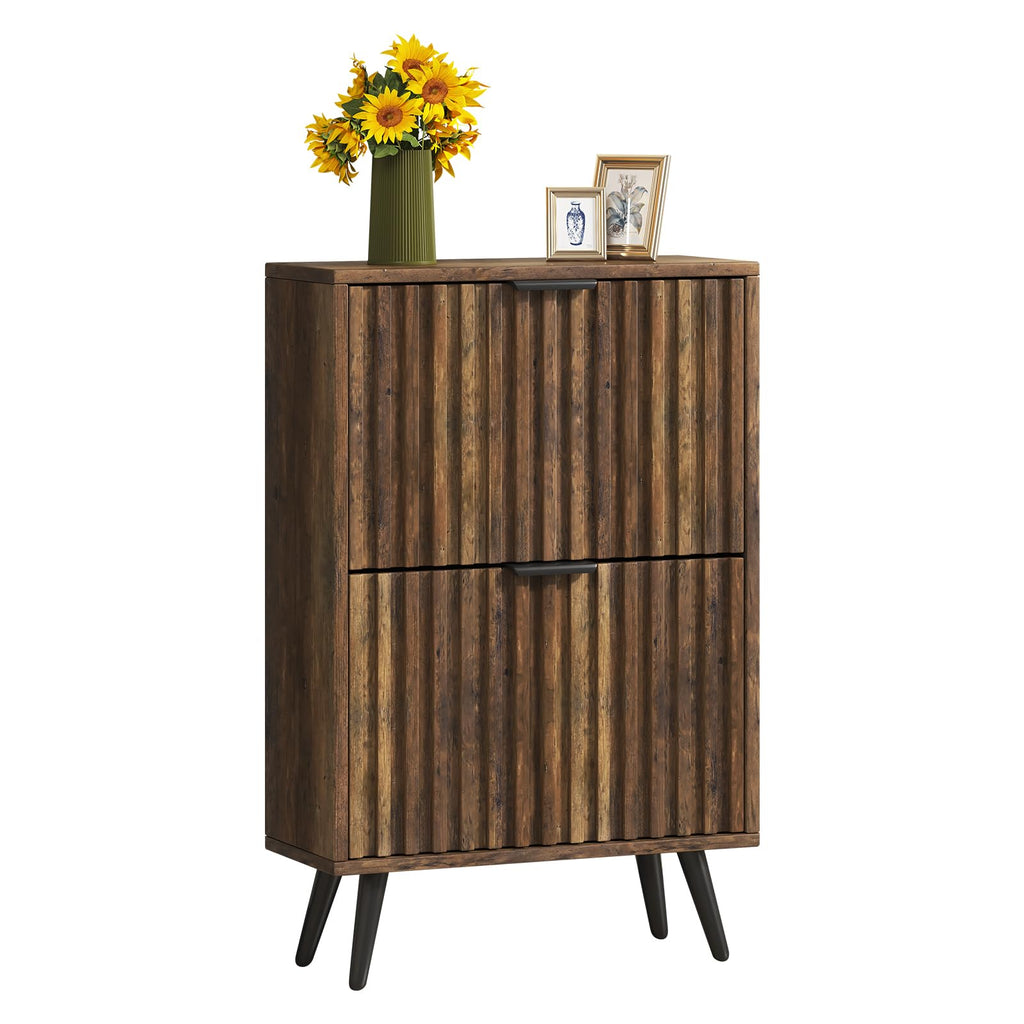 Slim Wood Shoe Cabinet with Flip Drawers, Modern Narrow Entryway Shoe Storage Organizer, Fluted 23.6" Shoe Cabinet