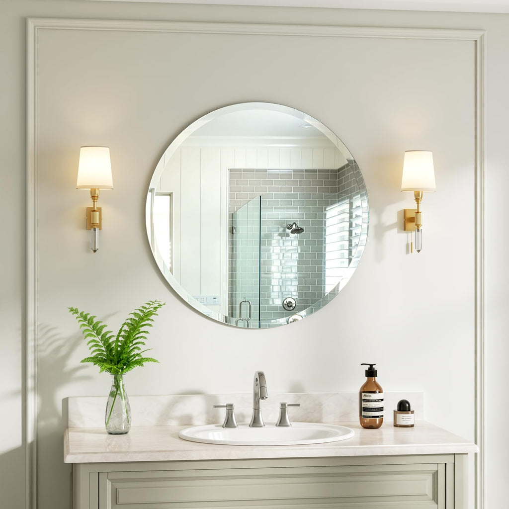24 Inch Frameless Round Bathroom Mirror, Silver Beveled Edge Wall Mirror