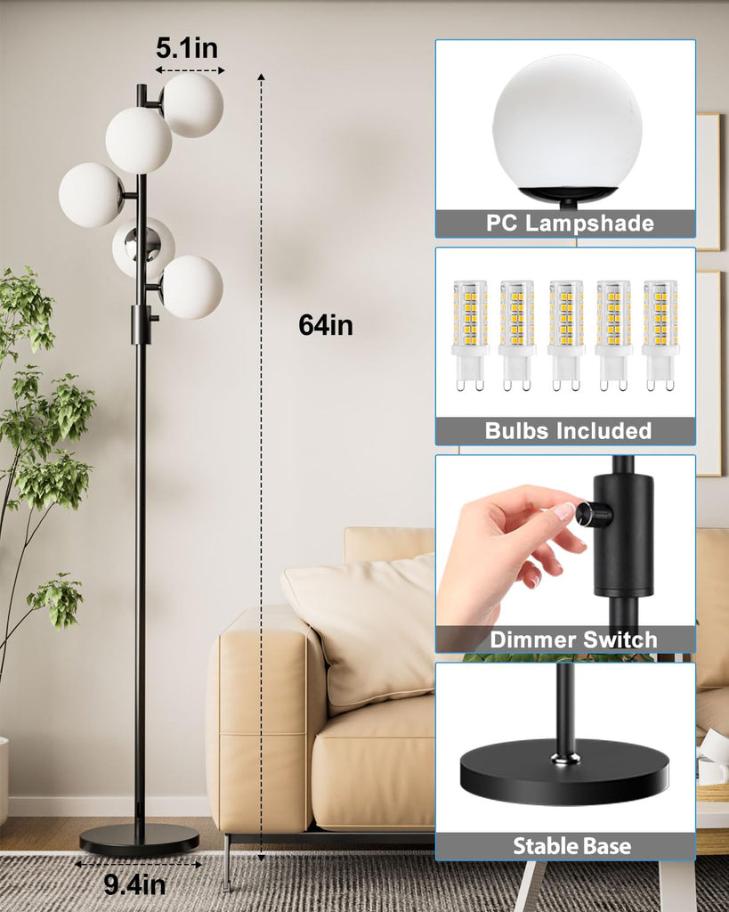 5-Globe Dimmable Globe Floor Lamp Black Standing Lamps with 5Pcs 3000K Bulbs Included Brightness Adjustable Retro Mid