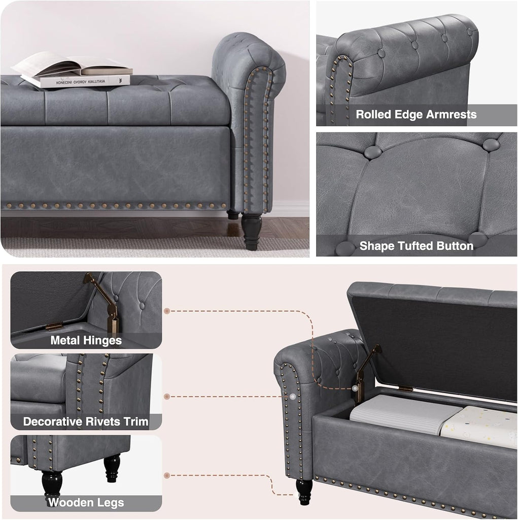 55 Inch Bedroom Bench, End of Bed Bench with Storage, Grey | Bed Benches for Foot of Bed, Faux Leather Window Bench
