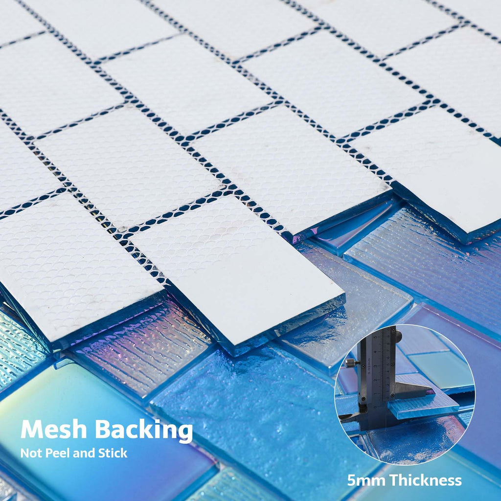 Pool Tile, Glass Backsplash Tiles Iridescent Blue 2x3 Inch Brick, 5 Sheets