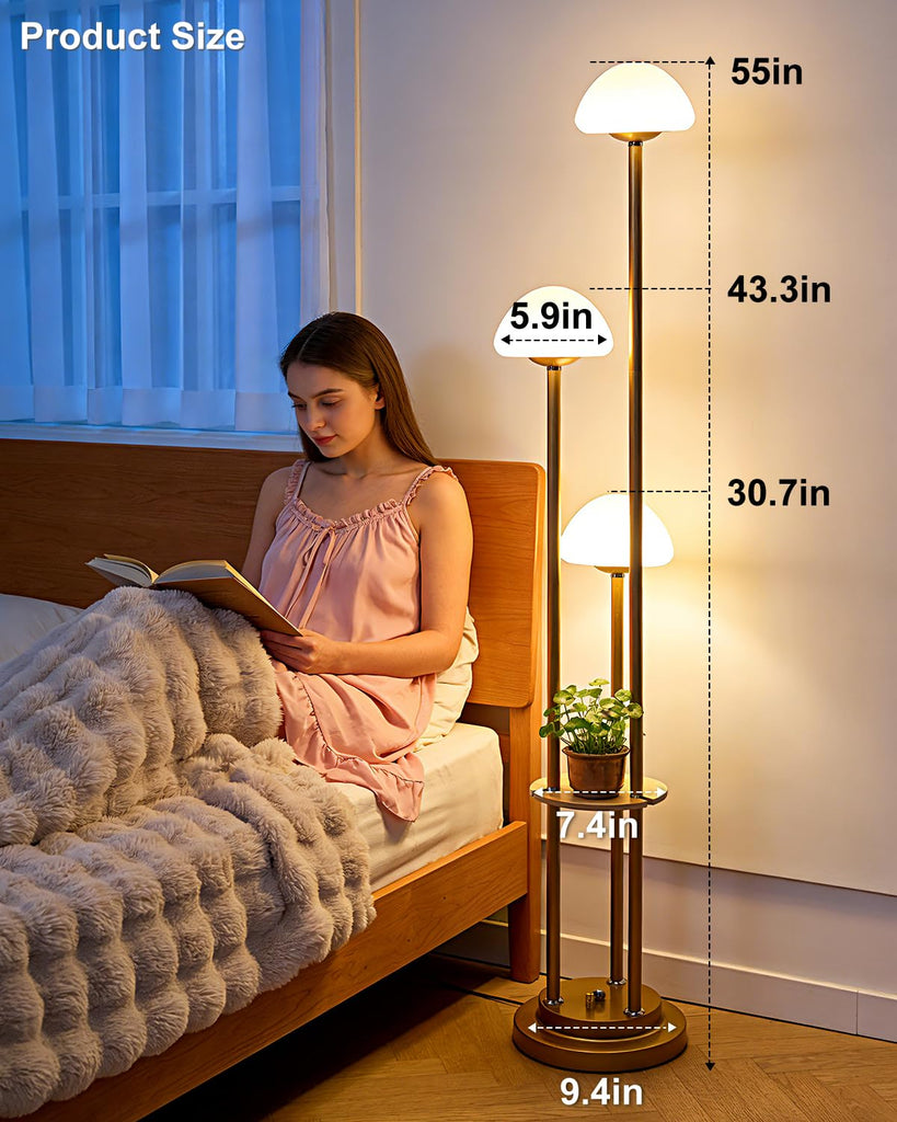 Gold Dimmable Floor Lamp with Table, Modern Floor Lamps with Mushroom Shades & Bulbs, 3000K Warm Lights Tall Standing