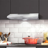 Stainless Steel Under Cabinet Range Hood Push Button Control, LED Lights, Reusable Filters, Ducted